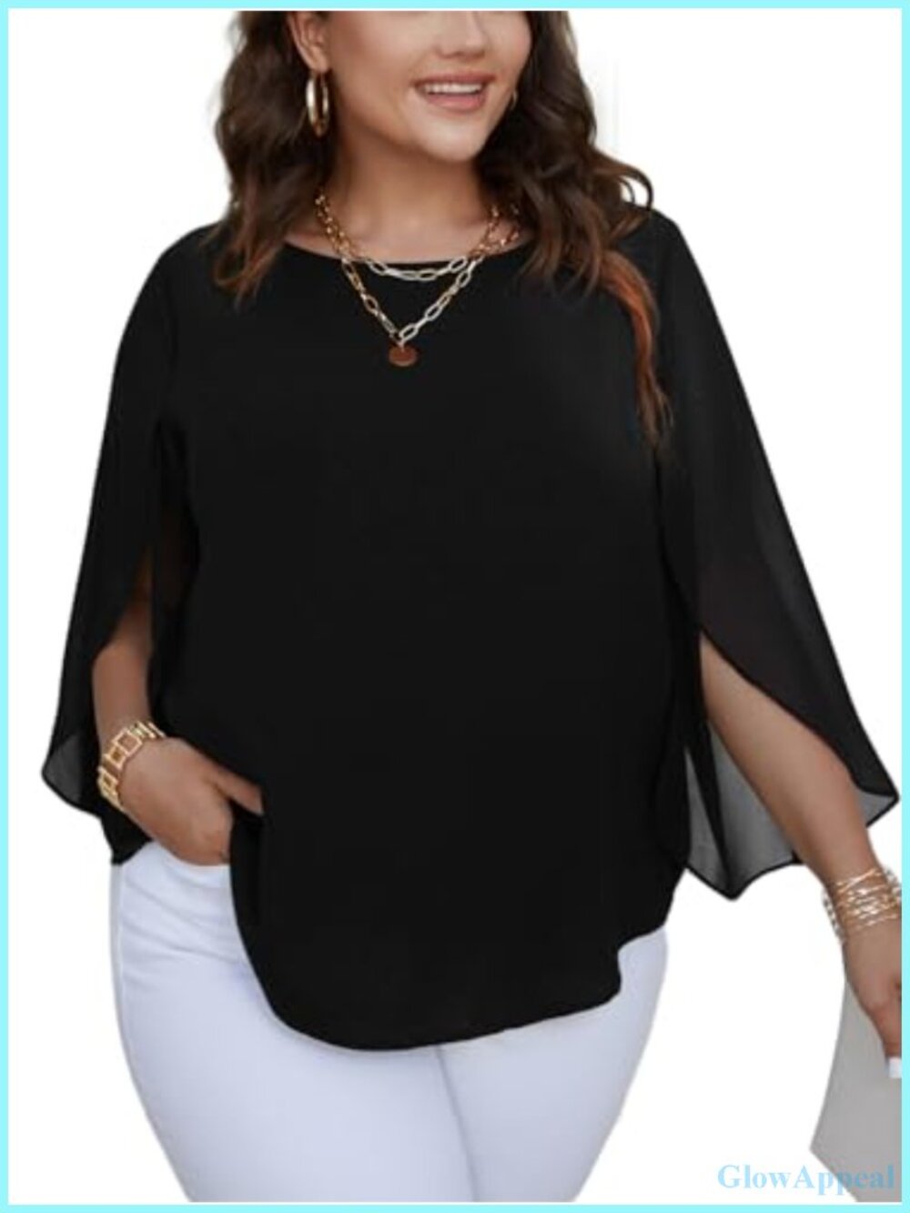 Plus Size Chiffon Blouse 3/4 Sleeve Scoop Neck Tunic Top